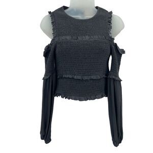 Cinq a Sept Pascal Top Women XS Black Silk Cold Shoulder Crop Stretchy Long